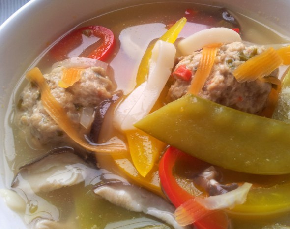 pork and shrimp meatball with fragrant broth and mushrooms